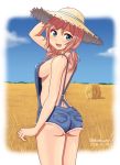  1girl ass back backless_outfit blue_eyes blush breasts day eyebrows_visible_through_hair hand_on_headwear hat hay large_breasts looking_at_viewer looking_back low_twintails monica_blueash naked_overalls open_mouth outdoors overalls pink_hair school_girl_strikers shimeta_hiromitsu sideboob smile solo straw_hat suspenders twintails 
