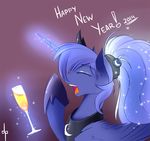  alcohol alternate_hairstyle beverage blue_hair champagne crown dream-phoenix english_text equine eyes_closed female feral friendship_is_magic hair hair_tie horn horseshoe long_hair magic mammal my_little_pony open_mouth ponytail princess_luna_(mlp) side_view solo text winged_unicorn wings yawn 