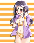  :d bad_id bad_pixiv_id black_hair blush brown_eyes collarbone flower hair_flower hair_ornament hairpin idolmaster idolmaster_cinderella_girls karasumakarma1225 long_hair midriff miyoshi_sana navel open_mouth simple_background smile solo striped striped_background tareme twintails two-tone_background wristband 