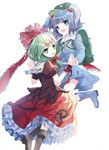  backpack bad_id bad_twitter_id bag blue_eyes blue_hair boots cierra_(ra-bit) front_ponytail green_eyes green_hair hair_bobbles hair_ornament hair_ribbon hat holding_hands jumping kagiyama_hina kawashiro_nitori key long_hair long_sleeves looking_at_viewer multiple_girls open_mouth ponytail puffy_sleeves ribbon rubber_boots shirt short_sleeves simple_background skirt skirt_set smile touhou two_side_up vest white_background wrist_cuffs 