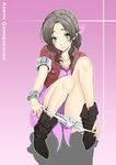  1girl aerith_gainsborough artist_request blush boots brown_hair character_name final_fantasy final_fantasy_vii green_eyes hair_ribbon highres legs looking_at_viewer panties panty_pull ribbon senao373 sitting smile solo underwear white_panties 