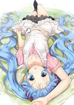  :o arm_up blue_eyes blue_hair hatsune_miku long_hair looking_at_viewer lying on_back open_mouth skirt solo twintails upside-down very_long_hair vocaloid yappen 