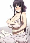  bad_proportions bare_shoulders belly black_eyes black_hair blush bow bra breasts cleavage gigantic_breasts hair_bow long_hair namamo_(kura) parted_lips solo underwear 