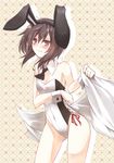  alternate_costume angry animal_ears bad_id bad_pixiv_id bare_arms bare_shoulders blush brown_eyes brown_hair bunny_ears bunny_girl bunnysuit detached_collar embarrassed fake_animal_ears flat_chest hairband highres leotard looking_at_viewer natsuki_teru shameimaru_aya solo tears touhou towel wrist_cuffs 