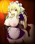  black_nose blonde_hair blush breast_milk breasts canine clothing dog erect_nipples eyelashes female fur hair lactating light long_hair looking_at_viewer maid maid_uniform mammal milk nipples open_mouth red_eyes solo standing teeth tongue tongue_out undressing white_fur yus-ts 