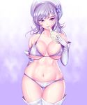  aila_jyrkiainen baozi bare_shoulders bikini breasts curvy elbow_gloves food gloves gundam gundam_build_fighters harihisa hat large_breasts long_hair looking_at_viewer mouth_hold navel purple_background purple_bikini purple_eyes revision silver_hair skindentation solo swimsuit thigh_gap thighhighs thighs white_gloves white_legwear wide_hips 