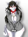  black_hair black_nose blush breasts canine chest_tuft chubby clothing dog eyelashes eyewear female fur glasses hair long_hair looking_at_viewer mammal plain_background scarf smile solo standing tuft white_background wide_hips yus-ts 