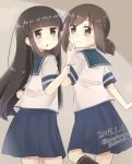  2girls aoshima_sakana bangs black_hair blue_sailor_collar blue_skirt blunt_bangs brown_eyes cowboy_shot dated from_behind fubuki_(kantai_collection) hatsuyuki_(kantai_collection) kantai_collection long_hair looking_at_viewer looking_back low_ponytail multiple_girls pleated_skirt ponytail sailor_collar school_uniform serafuku short_ponytail sidelocks skirt twitter_username 