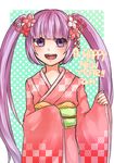  2014 bad_id bad_pixiv_id blush flower hair_flower hair_ornament happy_new_year japanese_clothes kimono lavender_eyes lavender_hair new_year obi sash smile solo sophie_(sophie1925) sophie_(tales) tales_of_(series) tales_of_graces twintails wide_sleeves 