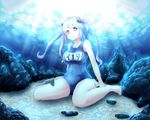  blue_hair highres i-19_(kantai_collection) kantai_collection ktkn long_hair one-piece_swimsuit red_eyes rock school_swimsuit sitting solo swimsuit twintails underwater wariza 