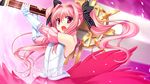  1girl armor bare_shoulders flat_chest game_cg hair_ribbon highres kunai_uri long_hair looking_at_viewer noblesse_of_rouge open_mouth pink_eyes pink_hair ribbon simple_background solo standing sword twintails weapon 