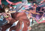  aerial_battle battle blue_hair bow brown_hair crack detached_sleeves dress earth food fruit gohei hair_bow hair_tubes hakurei_reimu hat hinanawi_tenshi long_hair multiple_girls peach red_eyes skirt space star_(sky) sword_of_hisou touhou uutan_(shibainu_kakumei) watermark 