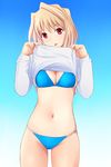  arcueid_brunestud bikini blonde_hair breasts cleavage katatsuka_kouji medium_breasts navel red_eyes revision shiny shiny_skin shirt_lift short_hair skindentation solo string_bikini sweater swimsuit thigh_gap tongue tsukihime 