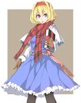  adapted_costume alice_margatroid black_legwear blonde_hair blue_dress blue_eyes book brown_gloves capelet dress gloves grey_background grimoire grimoire_of_alice hairband kamukamu_(ars) long_sleeves looking_at_viewer open_mouth pantyhose sash scarf solo touhou 