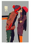  1boy 1girl black_eyes black_hair blush coat crossed_arms gloves hetero jacket kiss kyle_broflovski long_hair pantyhose pushing south_park stan_marsh wendy_testaburger yasu_(hello11) 