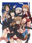  animal_ears aqua_eyes ass black_hair blue_eyes brown_eyes brown_hair bunny_ears bunny_tail cat_ears cat_tail charlotte_e_yeager dog_ears dog_tail fang fernandia_malvezzi francesca_lucchini hair_ribbon hug looking_at_viewer luciana_mazzei martina_crespi military military_uniform multiple_girls navel open_mouth orange_hair panties pointing ponytail red_panties ribbon strike_witches sweatdrop tail twintails ulrich_(tagaragakuin) underwear uniform v white_hair world_witches_series 