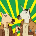  beige_shirt bertolt_hoover commentary_request dress_shirt emblem emphasis_lines green_background horn horse_mask hu_(saimens) jacket male_focus microphone military_police_brigade_(emblem) multiple_boys open_clothes open_jacket paradis_military_uniform pinky_out reiner_braun shingeki_no_kyojin shirt simple_background teeth unicorn 