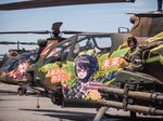  ah-1_cobra aircraft bow character_name check_translation fujisawa_takashi glasses hair_bow halftone helicopter highres itasha kisarazu_wakana kisarazu_yuzu military military_uniform official_art oh-1_ninja open_mouth original photo solo star translated translation_request uniform 