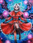  blue_eyes boots capelet dress hair_bobbles hair_ornament long_hair oil_painting_(medium) red_capelet revision shinki side_ponytail silver_hair solo tafuto touhou touhou_(pc-98) traditional_media wings 