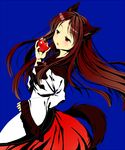  :o animal_ears apple bad_id bad_pixiv_id blue_background brooch brown_hair cnm dress fingernails food fruit imaizumi_kagerou jewelry layered_dress leaning_back long_fingernails long_hair long_sleeves nail_polish red_eyes shawl simple_background solo tail touhou wolf_ears wolf_tail 
