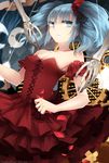  2014 aqua_eyes aqua_hair artist_name bad_id bad_pixiv_id bangs dated dress gears hatsune_miku long_hair petals red_dress shouen_kigashi skeleton solo strapless strapless_dress vocaloid 