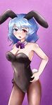  animal_ears blue_eyes blue_hair bow bowtie breasts bunny_ears bunny_tail bunnysuit cleavage dorian fake_animal_ears fishnet_pantyhose fishnets heterochromia highres large_breasts leotard open_mouth pantyhose red_eyes short_hair solo sweatdrop tail tatara_kogasa touhou wrist_cuffs 