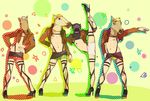  bandaid bandaids_on_nipples belt character_request commentary_request contrapposto crossdressing emblem full_body green_background high_heels horse_head horse_mask hu_(saimens) jacket leg_up looking_at_viewer male_focus military military_uniform multiple_boys navel outstretched_arm paradis_military_uniform pasties pose profile shingeki_no_kyojin simple_background skirt standing standing_on_one_leg striped suspenders thigh_strap uniform 