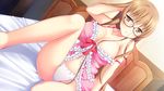  1girl arms_up bare_shoulders bed blush breasts brown_hair cleavage game_cg glasses highres kunai_uri large_breasts legs lingerie long_hair looking_at_viewer noblesse_of_rouge panties sitting solo thighs underwear white_panties yellow_eyes 