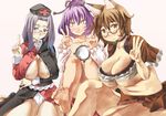  animal_ears bare_legs black-framed_eyewear breast_hold breasts brown_eyes brown_hair cleavage_cutout double_v fangs futatsuiwa_mamizou glasses grey_eyes grey_hair hair_ribbon huge_breasts long_hair looking_at_viewer multiple_girls navel panties plump ponytail purple_hair raccoon_ears red_eyes ribbon short_hair smile touhou underwear v white_panties yagokoro_eirin yasaka_kanako yohane 