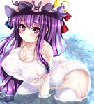  breasts covered_nipples crescent ebi_193 hat large_breasts long_hair one-piece_swimsuit patchouli_knowledge purple_eyes purple_hair solo swimsuit thighhighs touhou water wet wet_clothes wet_swimsuit white_legwear white_swimsuit 