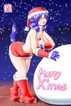  1girl animal_ears bag belt bent_over boots breasts christmas covering covering_breasts dog_ears dog_tail female gloves hat highres huge_breasts miniskirt natsuki_(kakekomiya-san) natsuki_(pixiv4969) night open_mouth original purple_hair red_eyes santa_costume santa_hat skirt snow snowing solo standing tail topless 