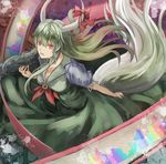  album_cover bow cover ex-keine green_hair horn_ribbon horns kamishirasawa_keine long_hair red_eyes ribbon scroll solo tail touhou uutan_(shibainu_kakumei) 