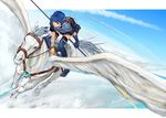  armor bandaged_arm bandages blue_eyes blue_hair boots breastplate bridle farina_(fire_emblem) fire_emblem fire_emblem:_rekka_no_ken gloves headband nonji_(sayglo_halo) pegasus pegasus_knight polearm reins saddle short_hair solo spear stirrups thigh_boots thighhighs weapon zettai_ryouiki 