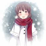  bad_id bad_pixiv_id brown_eyes brown_hair hagiwara_yukiho hiiragi_hajime idolmaster idolmaster_(classic) looking_at_viewer open_mouth red_scarf scarf short_hair snowing solo 