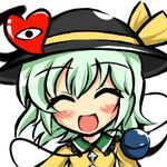 banned_artist blush closed_eyes facing_viewer green_eyes green_hair happy hat heart kisaragi_zwei komeiji_koishi lowres open_mouth short_hair simple_background smile solo touhou upper_body white_background 