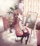  blush bread brown_eyes brown_hair canvas_(object) easel eating food haruyu highres long_hair looking_back mouth_hold multiple_girls original school_uniform shoes sitting skirt socks solo_focus vest 