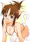  akizuki_ritsuko animal_ears bikini blush breasts brown_eyes brown_hair cat_ears cat_paws cat_tail cleavage folded_ponytail glasses idolmaster idolmaster_(classic) large_breasts looking_at_viewer nikukai paws short_hair skindentation solo swimsuit tail thighhighs triangle_mouth 