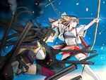  akagi_(kantai_collection) archery arrow black_hair blush bow_(weapon) breasts brown_hair cannon gloves japanese_clothes kantai_collection kyuudou large_breasts long_hair midriff miyabi_(miyabi_r18) multiple_girls nagato_(kantai_collection) partly_fingerless_gloves quiver red_eyes red_legwear single_glove skirt thighhighs turret weapon white_legwear yugake 