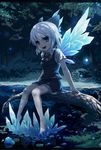  bare_legs barefoot blue_eyes blue_skirt bow cirno forest frozen hair_bow ice ice_wings letterboxed nature night open_mouth pond ranka_(tonbo) revision shirt short_hair silver_hair sitting skirt smile solo touhou water wings 