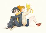  1girl :d back-to-back black_hair blush brown_eyes closed_eyes gen_1_pokemon hood hoodie jacket kasumi_(pokemon) laughing miniskirt open_mouth orange_hair pikachu pleated_skirt pokemon pokemon_(anime) pokemon_(classic_anime) pokemon_(creature) satoshi_(pokemon) school_uniform short_hair side_ponytail simple_background sitting skirt smile vest yoichi_(119-41) 