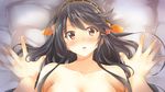  1girl black_hair blush breasts brown_eyes commentary_request gintarou_(kurousagi108) hairband haruna_(kantai_collection) hetero kantai_collection large_breasts long_hair looking_at_viewer missionary on_bed open_mouth pillow pov sex solo_focus 