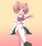  blush bow crossed_legs hair_ribbon kaname_madoka loafers mahou_shoujo_madoka_magica pink_eyes pink_hair ribbon school_uniform shoes short_hair short_twintails simple_background sitting smile solo thighhighs twintails uma56 white_legwear 