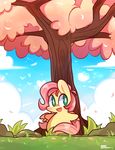  chibi chubby cloud clouds cute equine female feral fluttershy_(mlp) friendship_is_magic fur grass green_eyes hair horse lifeloser long_hair mammal my_little_pony open_mouth outside pegasus petals pink_hair pony sky smile solo spring standing tongue tree wings yellow_fur 
