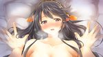  1girl afterglow black_hair blush breasts brown_eyes gintarou_(kurousagi108) hairband haruna_(kantai_collection) heavy_breathing hetero kantai_collection large_breasts long_hair looking_at_viewer missionary open_mouth pillow pov sex solo_focus 