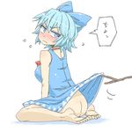  aono3 ass barefoot blue_eyes blue_hair blush bow cirno dress dress_lift feet from_behind full_body hair_bow looking_back no_panties simple_background sitting solo stick sweat touhou wariza 