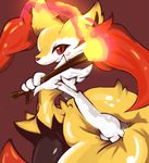  black_fur blush braixen canine fennec fire fluffy_tail fox fur looking_at_viewer mammal nintendo plain_background pok&#233;mon pok&eacute;mon red_eyes red_fur red_nose solo stick tail_grab ushioppoi video_games warm_colors white_fur wood yellow_fur 