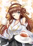  ;) ahoge antennae bare_shoulders breasts brown_hair cleavage cup detached_sleeves grey_eyes hair_ornament japanese_clothes kantai_collection kedama kongou_(kantai_collection) large_breasts light_smile long_hair nontraditional_miko one_eye_closed sash saucer shirt skirt smile solo teacup teapot very_long_hair wide_sleeves y2 