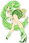  ass bent_over bike_shorts choker cure_march dress from_behind full_body green green_eyes green_hair green_shorts green_skirt high_heels long_hair looking_back magical_girl midorikawa_nao mikurou_(nayuta) ponytail precure shorts shorts_under_skirt simple_background skirt smile smile_precure! solo tiara tri_tails very_long_hair white_background 