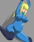  1girl angry arms_up blonde_hair blue_eyes blush bodysuit breasts covered_nipples dutch_angle erect_nipples highres large_breasts latex lipstick long_hair makeup metroid ml nipples no_bra ponytail pregnant samus_aran simple_background sitting solo wariza zero_suit 
