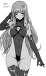  adjusting_hair bow breasts check_translation covered_navel crescent dark_persona doujinshi elbow_gloves facial_tattoo gloves greyscale hair_bow highleg highleg_leotard highres hime_cut ishimiso_(ishimura) large_breasts leotard long_hair monochrome non-web_source patchouli_knowledge sideboob solo tattoo thigh_gap thighhighs third_eye thong_leotard touhou translated translation_request 
